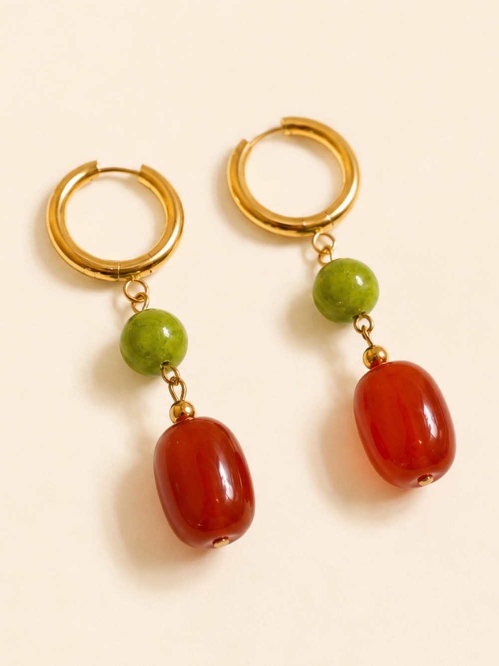 Gold Hoop Earrings with Green and Red Beads by